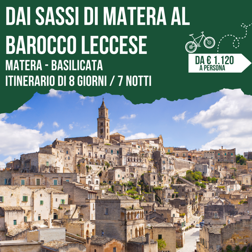 Locandina itinerario in bici dai Sassi di Matera al barocco leccese