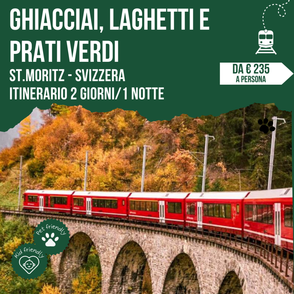 Locandina itinerario tra ghiacciai e laghetti con il trenino del Bernina, St. Moritz